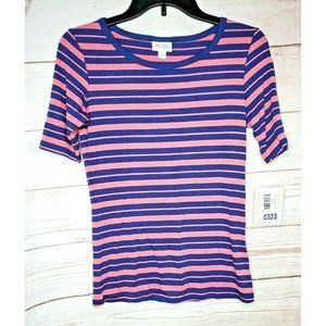 Lularoe GiGi Poly/Spandex Women XS Pink Navy Horizontal Striped Fitted Shirt